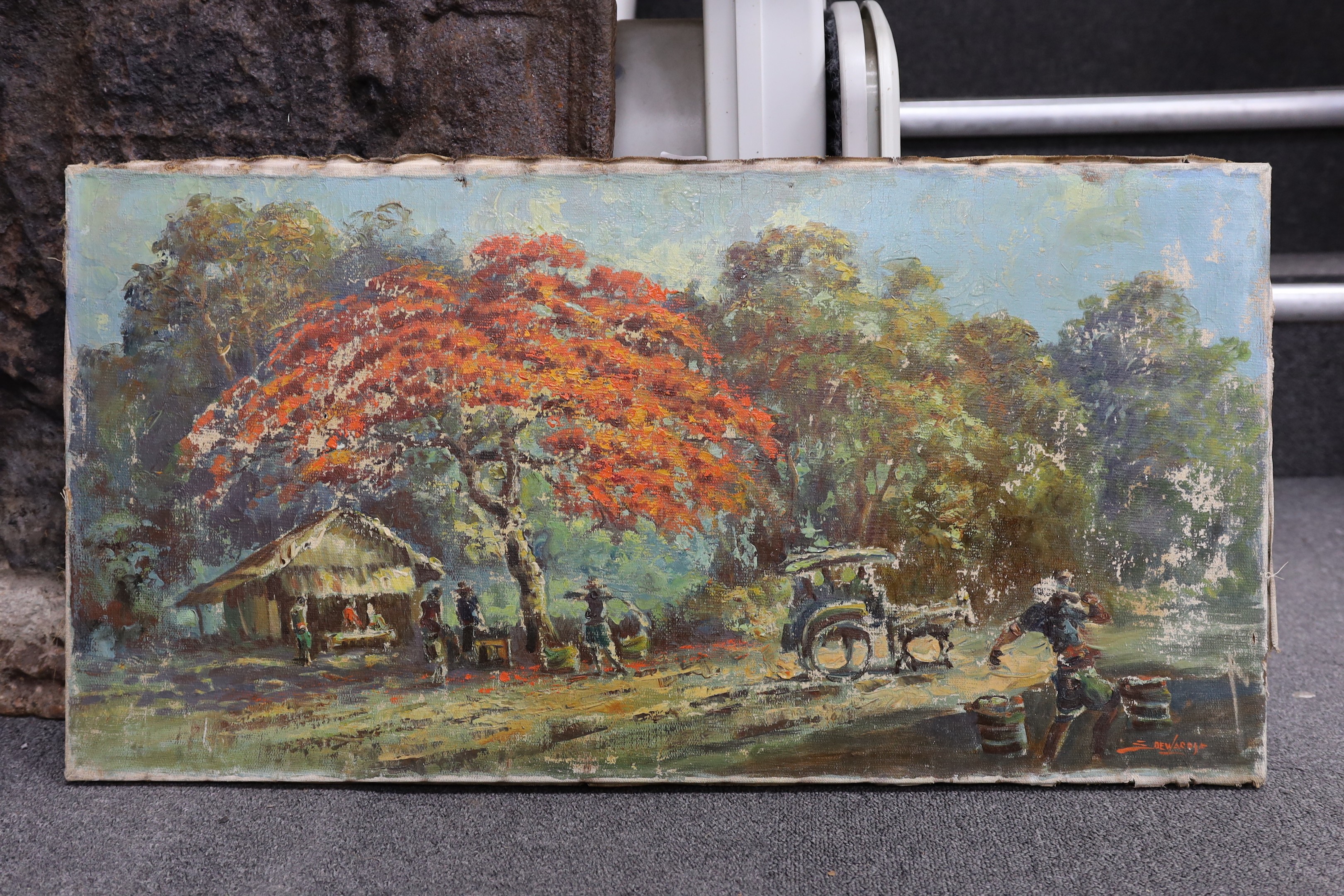 S. de Wardje, oil on canvas, South African? village scene, signed, 40 x 79cm, unframed